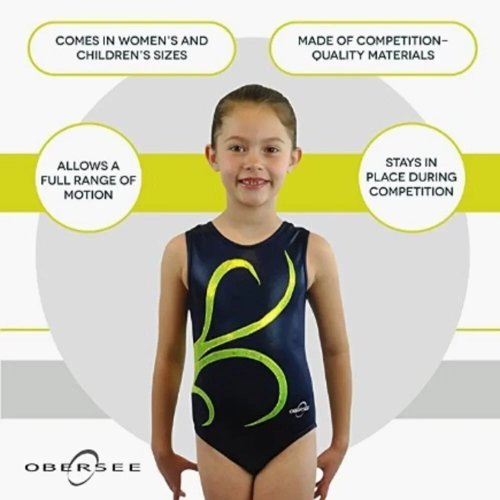 2 Pcs Obersee Girl's Gymnastics Leotards, Navy/Green Strands, Child XXS